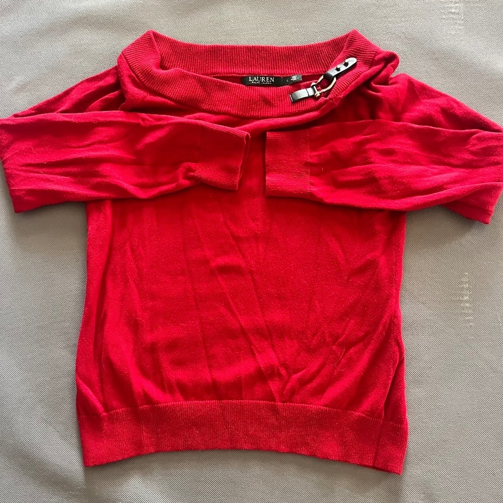 Lauren Ralph Lauren Red Cotton Buckle Neck Detail Long Sleeve Sweater M